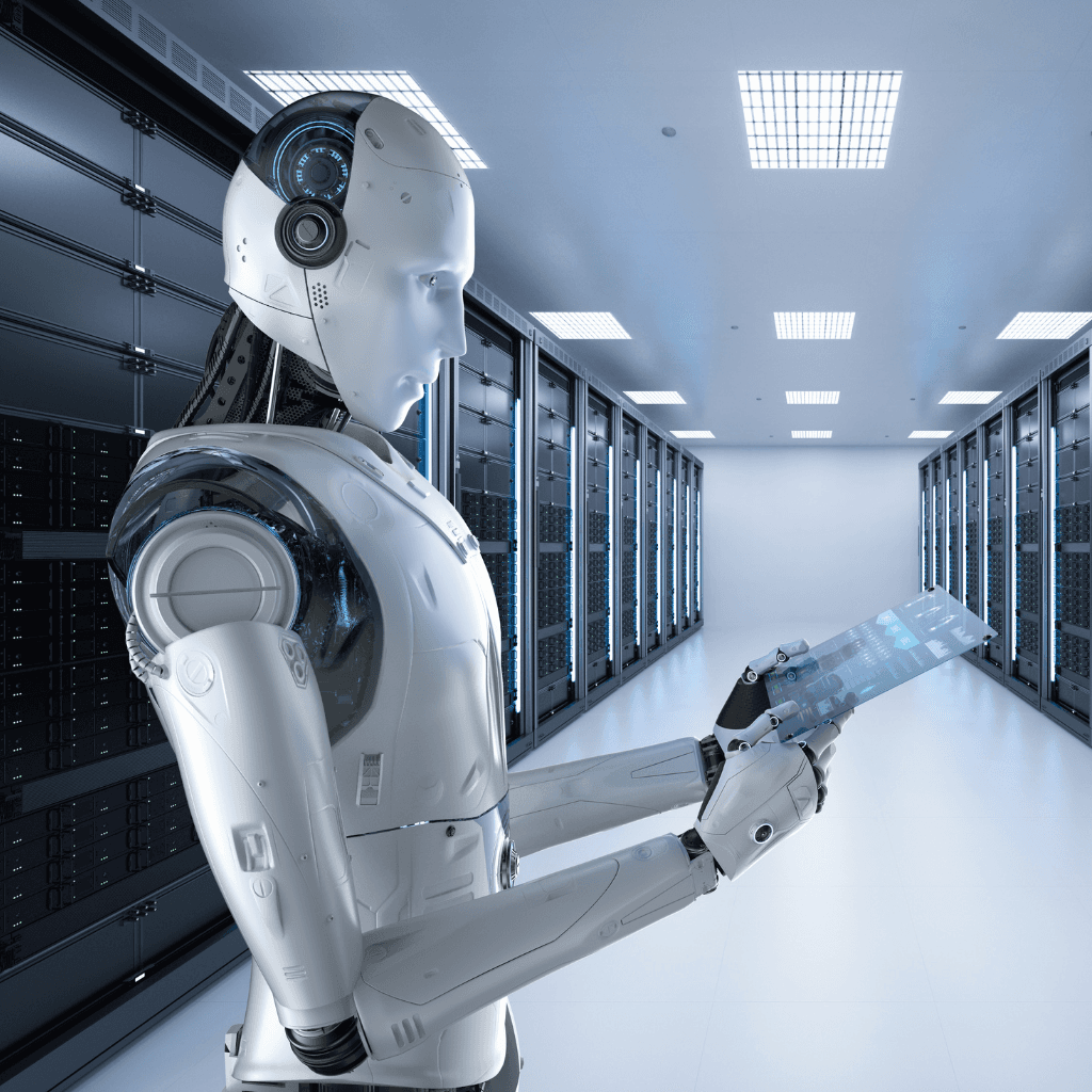Humanoid robot operating in a server room — representing technology with discernment
